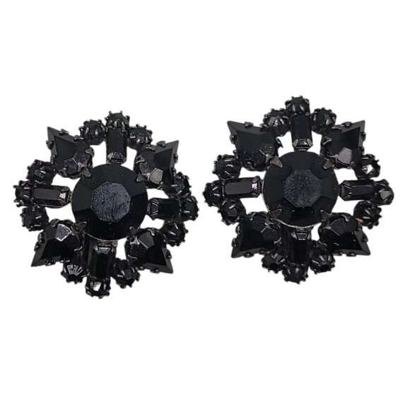 Schreiner New York Runway Style Clip On Earrings Black Rhinestone Cluster VTG - Picture 1 of 16